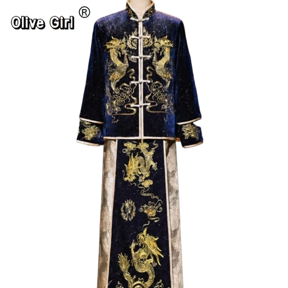 Olivegirl Men Groom's Set 2026 Embroidered Golden Dragon High End Blue Chinese Style Wedding Dress Chinese Male Banquet