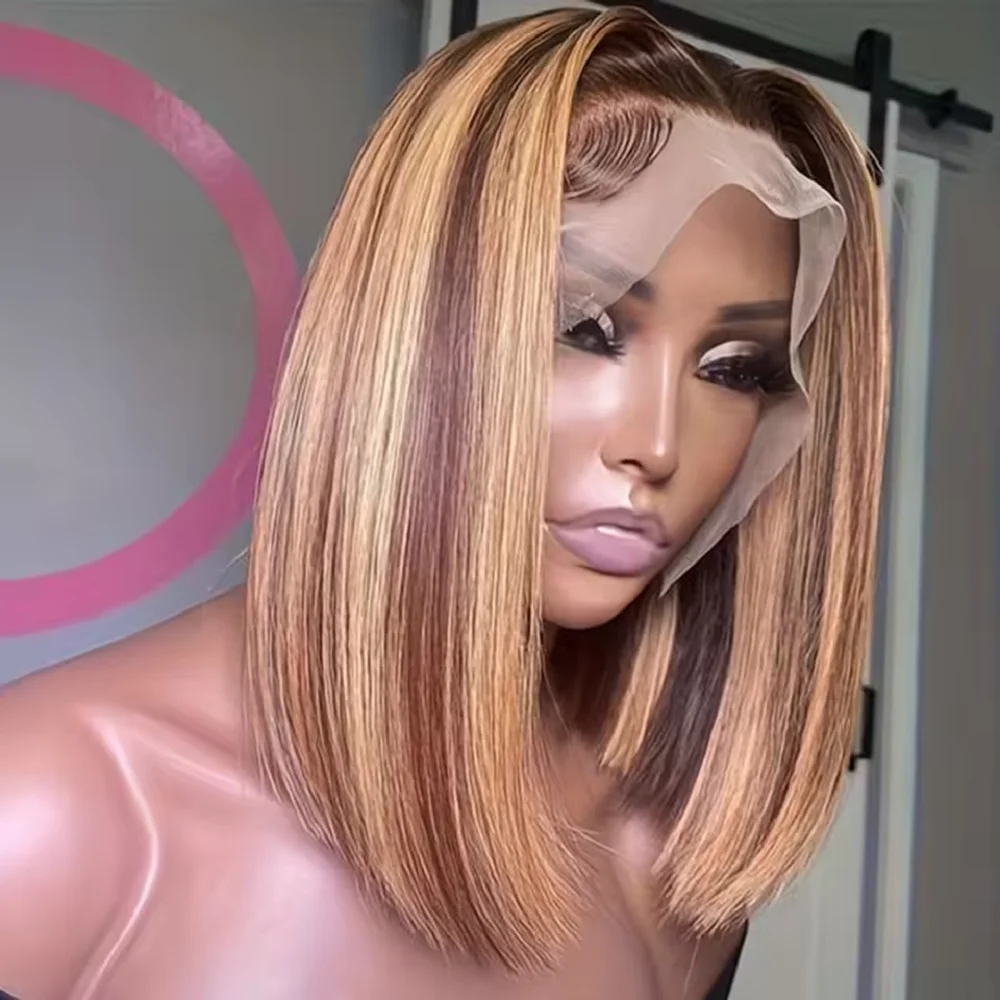 4/27 Colored Transparent Frontal Lace Wig 13x4 Transparent Lace Front Bob Wig Human Hair Ombre Honey Blonde 13x4 Wigs 10-16inch