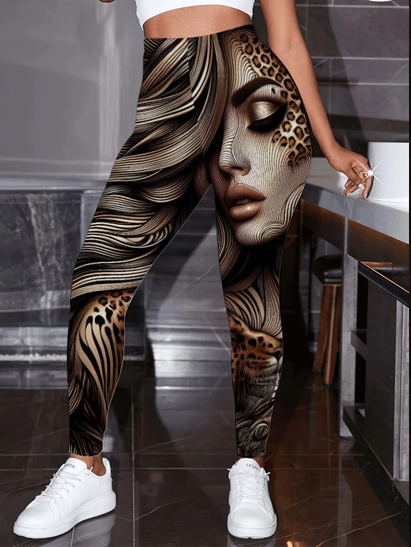 Women Mid Waist Fleece Lined Leggings Tribal Face Leopard Print Slim Fit Thermal Winter Pants