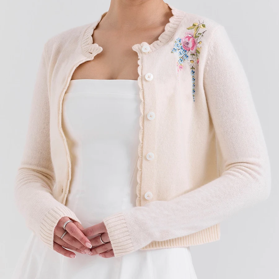 

French Style Knit Sweater Cardigan Floral Embroidery Cream Thin Autumn Winter Women Long Sleeve Women Ladies Cardigans Knitwear