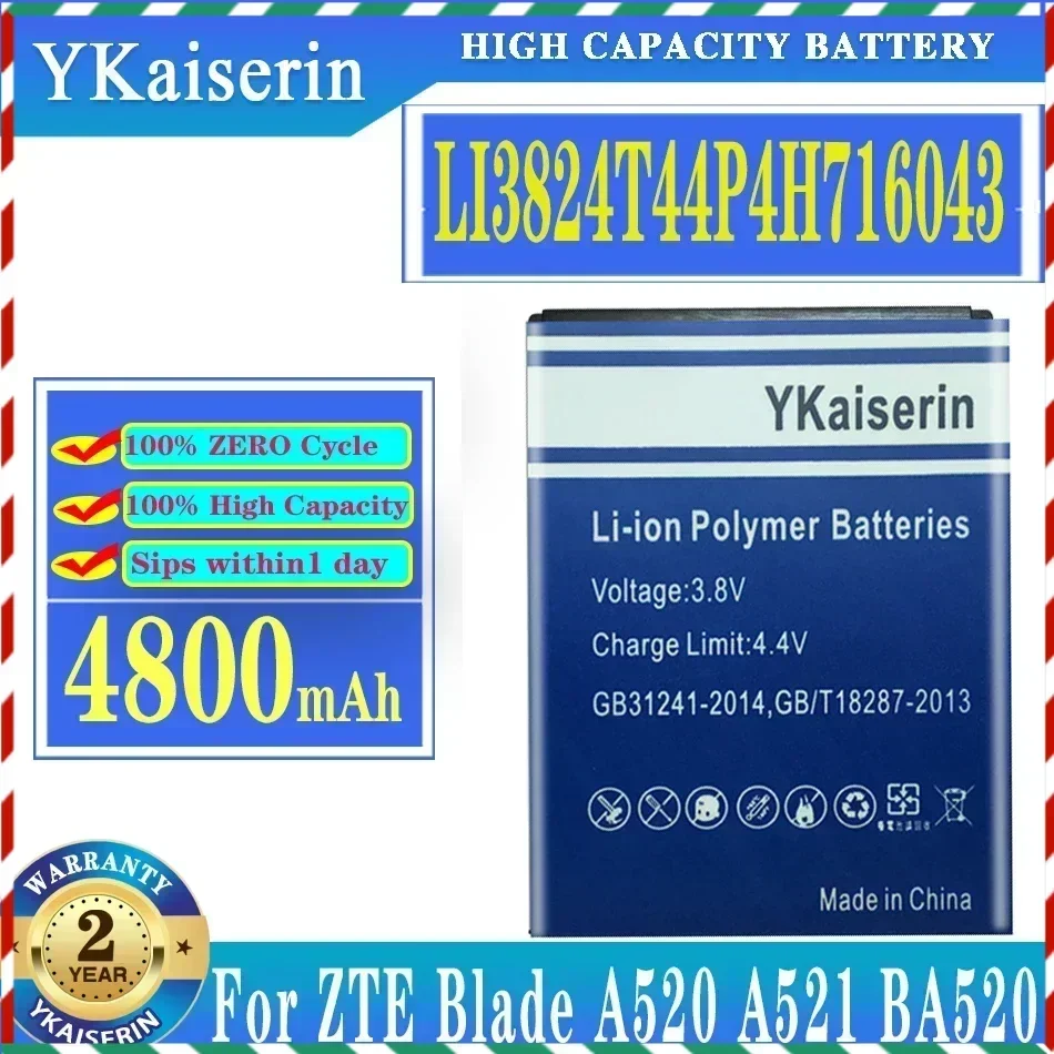 Аккумулятор YKaiserin для ZTE Blade A520 A521 BA520 A603 BA603 4800 мАч Li3824T44P4h716043, высококачественная батарея для мобильного телефона