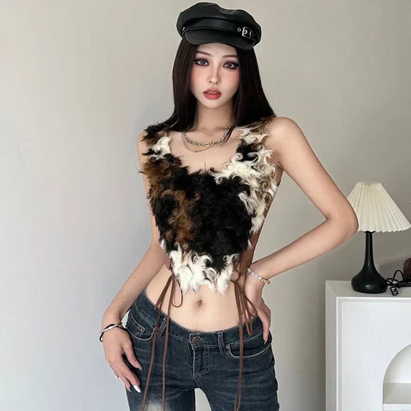 

American Vintage Y2K Tops Sling Vest Women Korean Fashion Hairy Splicing Clashing Color Streetwear Waist Harajuku Aesthetic Tops