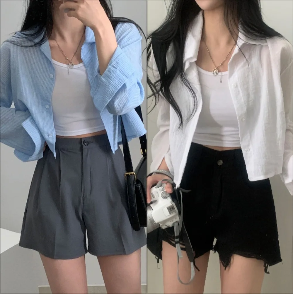 

Sun Protection Shirts Women White Blue Long Sleeve Thin Loose Casual Sunscreen Shirt Crop Tops