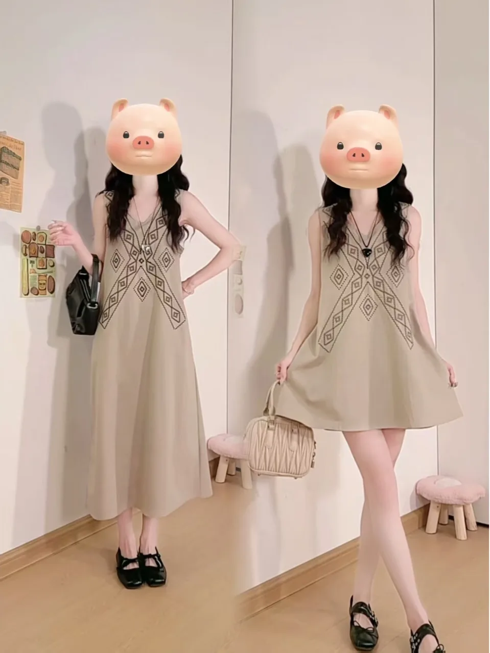 

plus Size Women's V-Neck Sleeveless Vest Dress Slimming Waist Short Skirt Summer New Style Korean Version High Waist A-Line S...