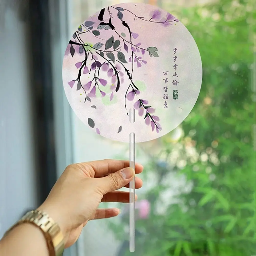 Frosted Fan Handle Ancient Long-handled Fan High-looking Color Printing Handheld Round Fan Anti-break Translucent