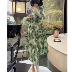 Gradient Tie Dye Fashion Printing Summer Women Chiffon Elegant Corset Patchwork 3/4 Sleeve Natural Scenery Loose Vintage Dress