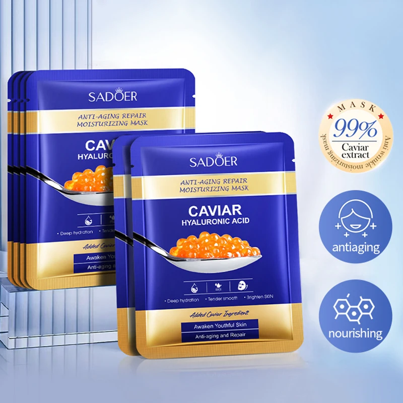 5pcs SADOER Caviar Hyaluronic Acid Moisturizing Facial Masks Brightening Firming Hydrating Face Mask Facial Skin Care Products