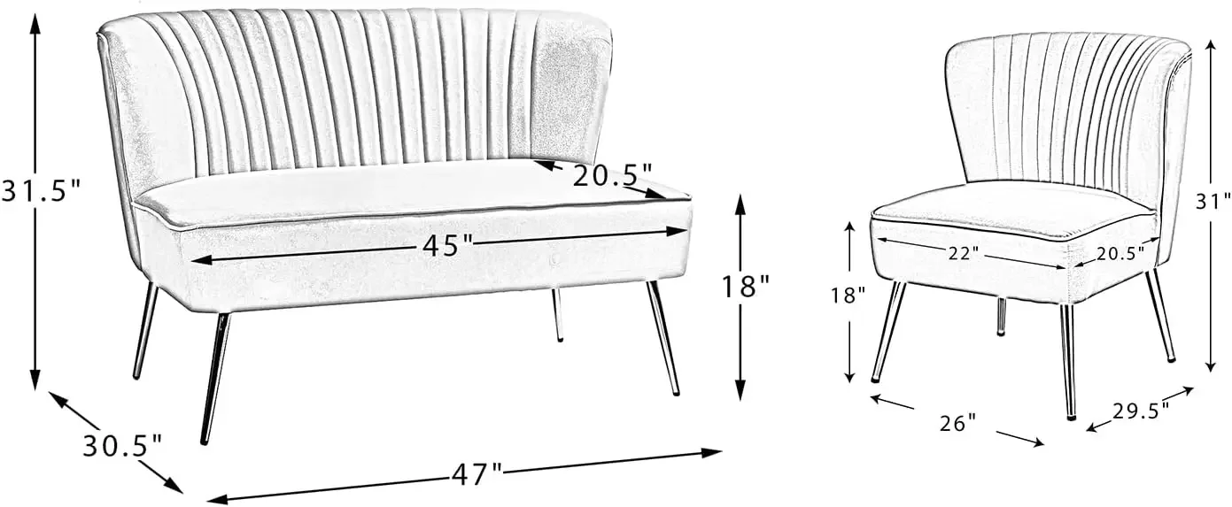 3 Piece Velvet Living Room Furniture Set, Modern Comfy Upholstered Chair Set,include Loveseat & 2 Accent Chairs