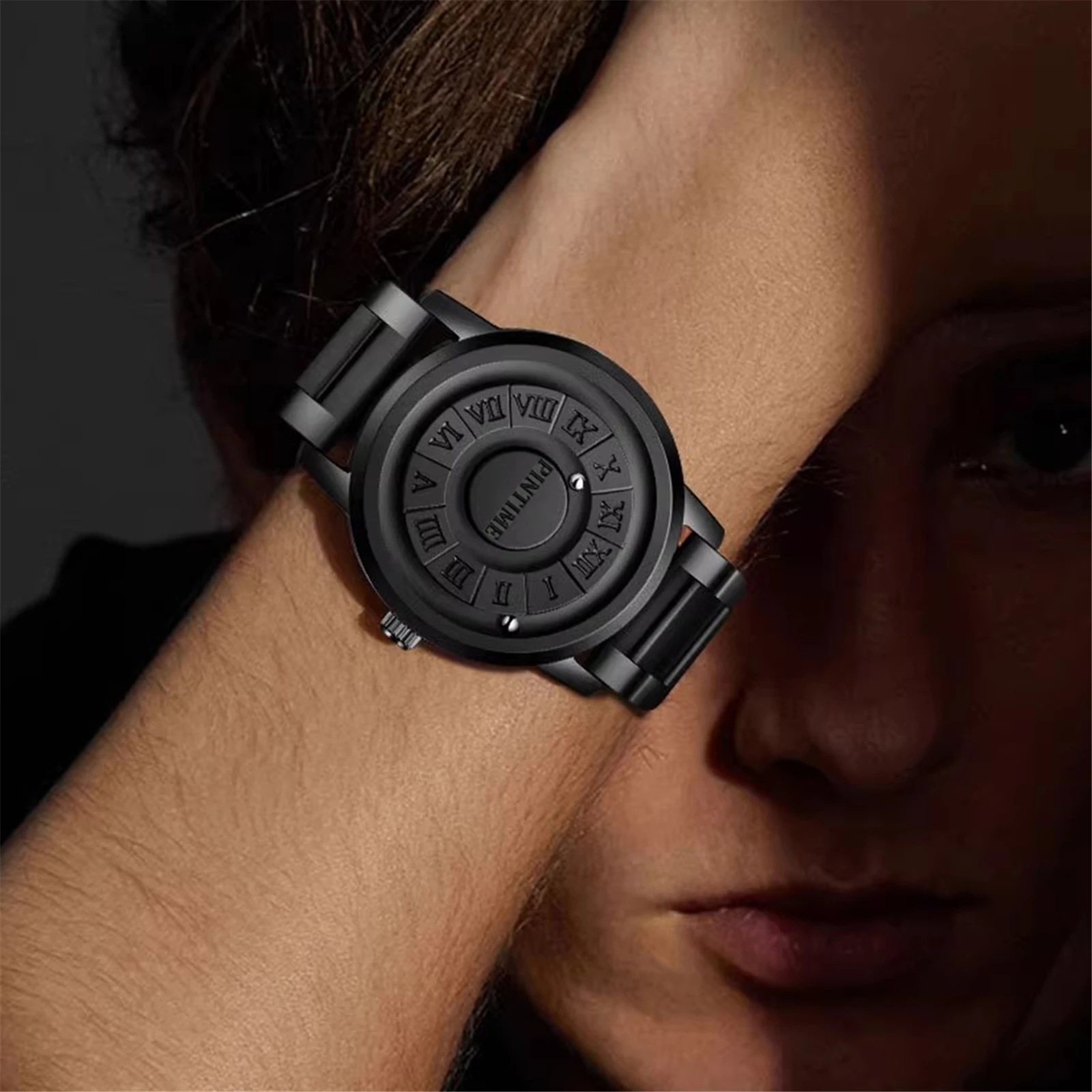 Magnetic Bead Analog Watch Stainless Steel/Leather Strap Black Unique Pointer Design Unisex Magnetic Watches