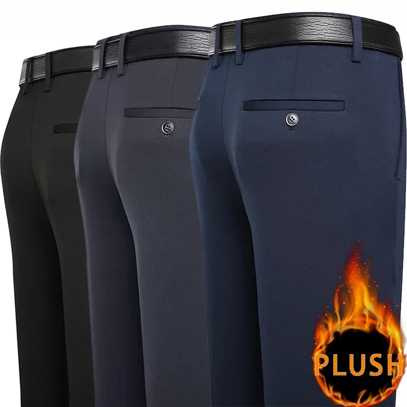 2024 Autumn Winter Men\'s Thick Warm Fleece Pants Plush Smart Casual Suit Pants Loose Straight Navy Blue Black Pants Trousers