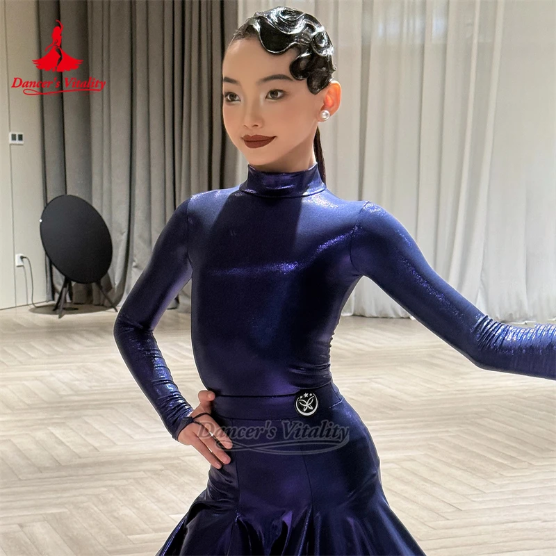 Adolescente dança latina prescrição competição manga longa gancho dedos tecido brilhante terno chacha treinamento vestir vitalidade do dançarino