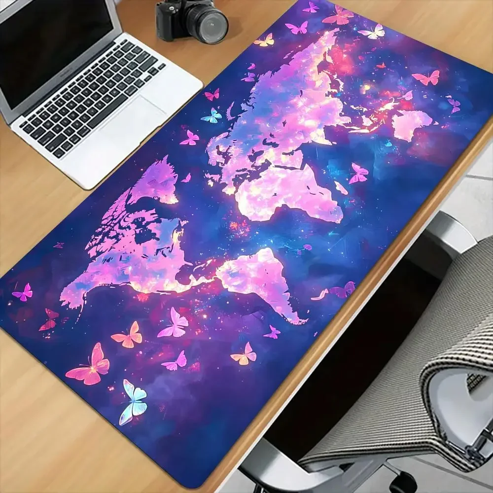 Colorful Butterflies And Map Mouse Pad Desk Mat With Stitched Edge Xxl Mousepads Rubber Anti Slip Gamer Keyboard Rug Gaming Mats