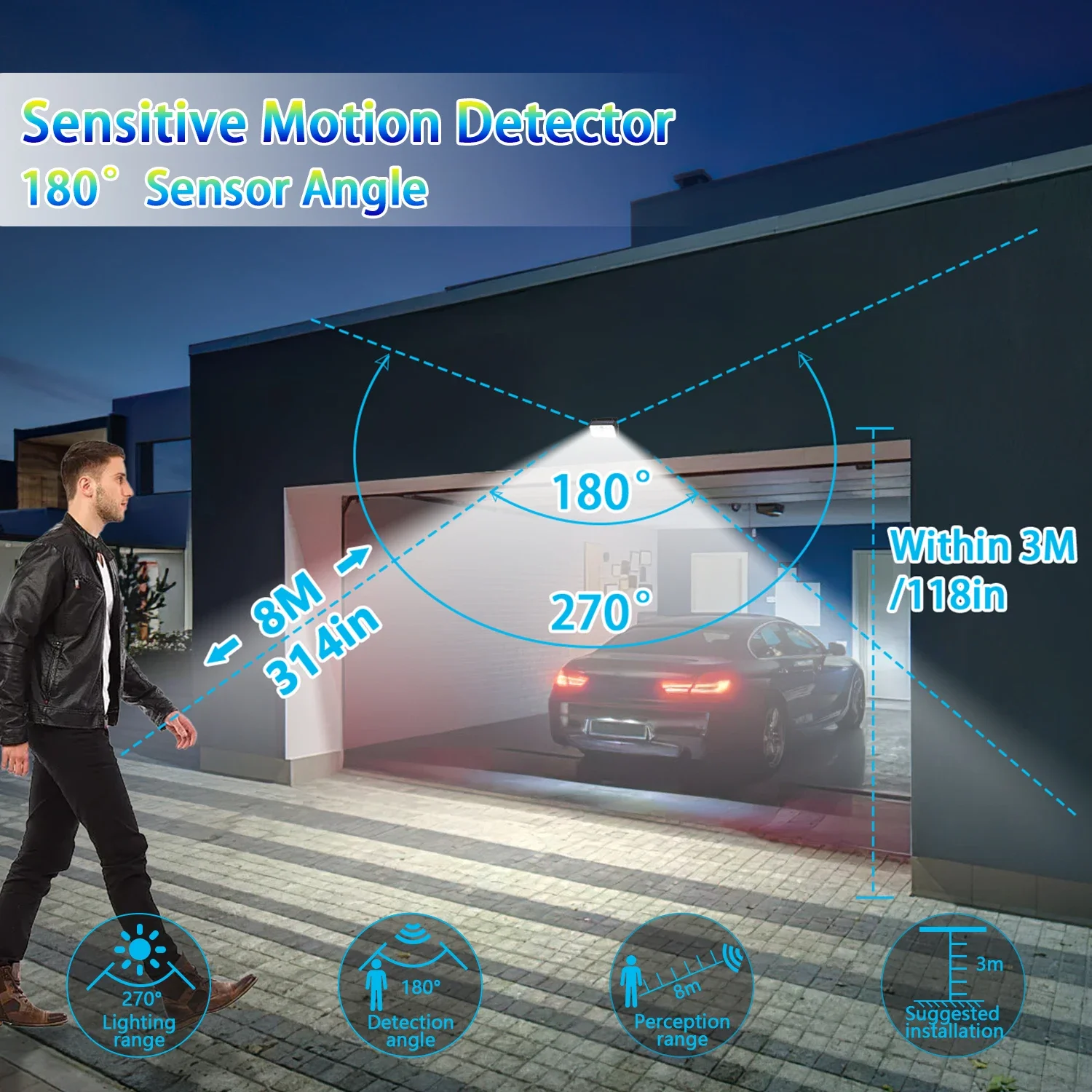 104 LED Wall Sensor Light, Intelligent Outdoor Solar Street Lamp, 3 Modes Solar Motion Light, IP65 Outdoor Wall Light for Garden