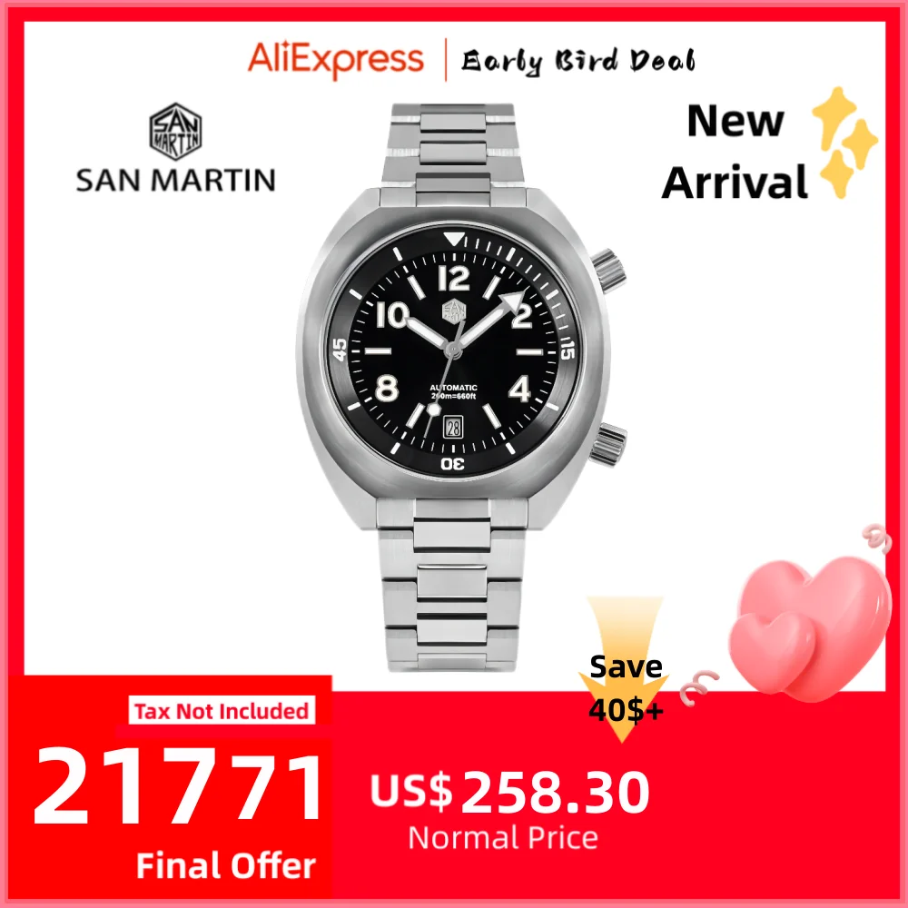 San Martin 42mm Diver Wristwatch For Men Automatic Mechanical Watch YN55 6H Date Fly Adjust Clasp Sapphire Luminous 20Bar SN0066