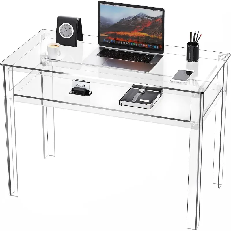 Clear Acrylic Desk with Open Storage, Home Office Computer Writing Desk Office Study Table (Clear, 39.4'' x 19.7'' x 29.5'')