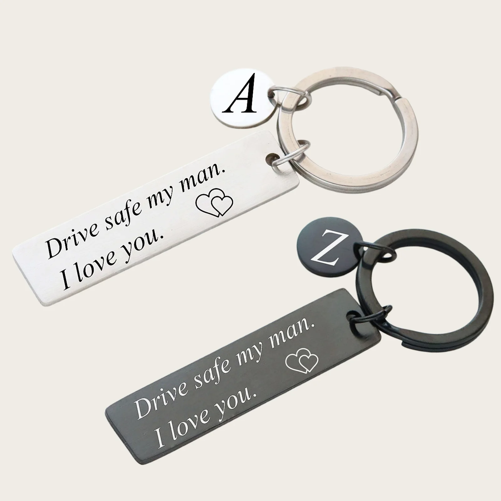 Porte-clés « Drive Safe » avec 26 lettres initiales, cadeau personnalisé pour petit ami, mari, papa, couple, Saint-Valentin, anniversaire