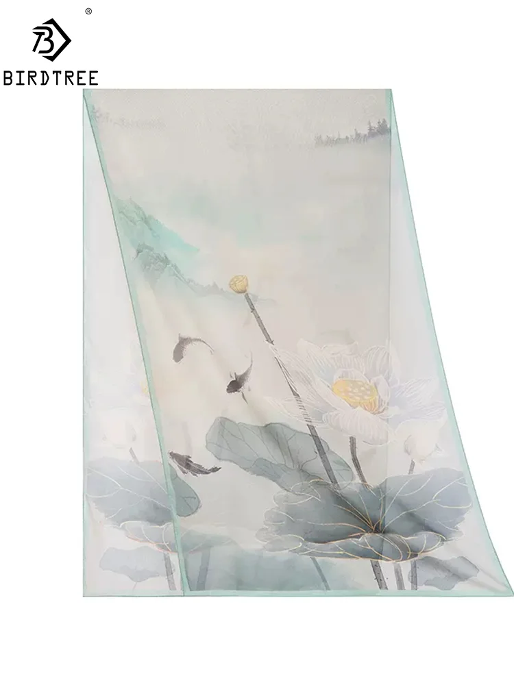 

Birdtree, 8MM 100%Mulberry Slik Elegant Shawls, 180cm Women Floral Print, Gifts Original Design Scarf, Summer Autumn A46279QM