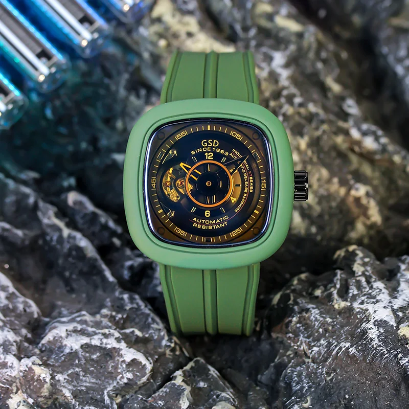 

Мужские полностью автоматические механические часы в спортивном стиле с зеленой лентой и квадратными арабскими цифрами