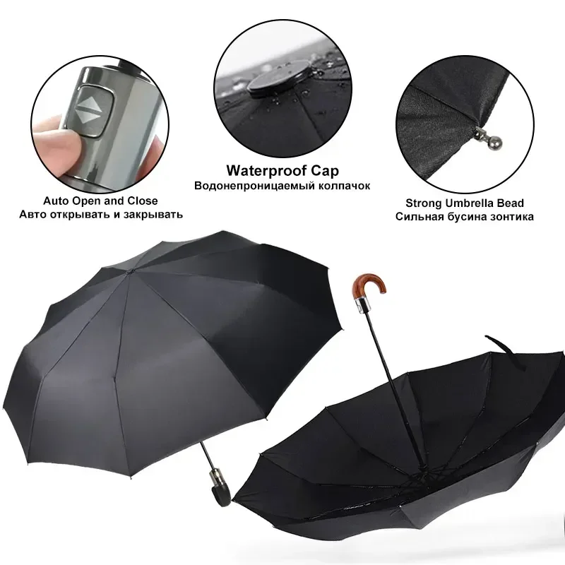 British Leather Handle Umbrella Men Automatic Business 10Ribs Strong Windproof 3 Folding Big Umbrella Rain Woman Quality Parasol