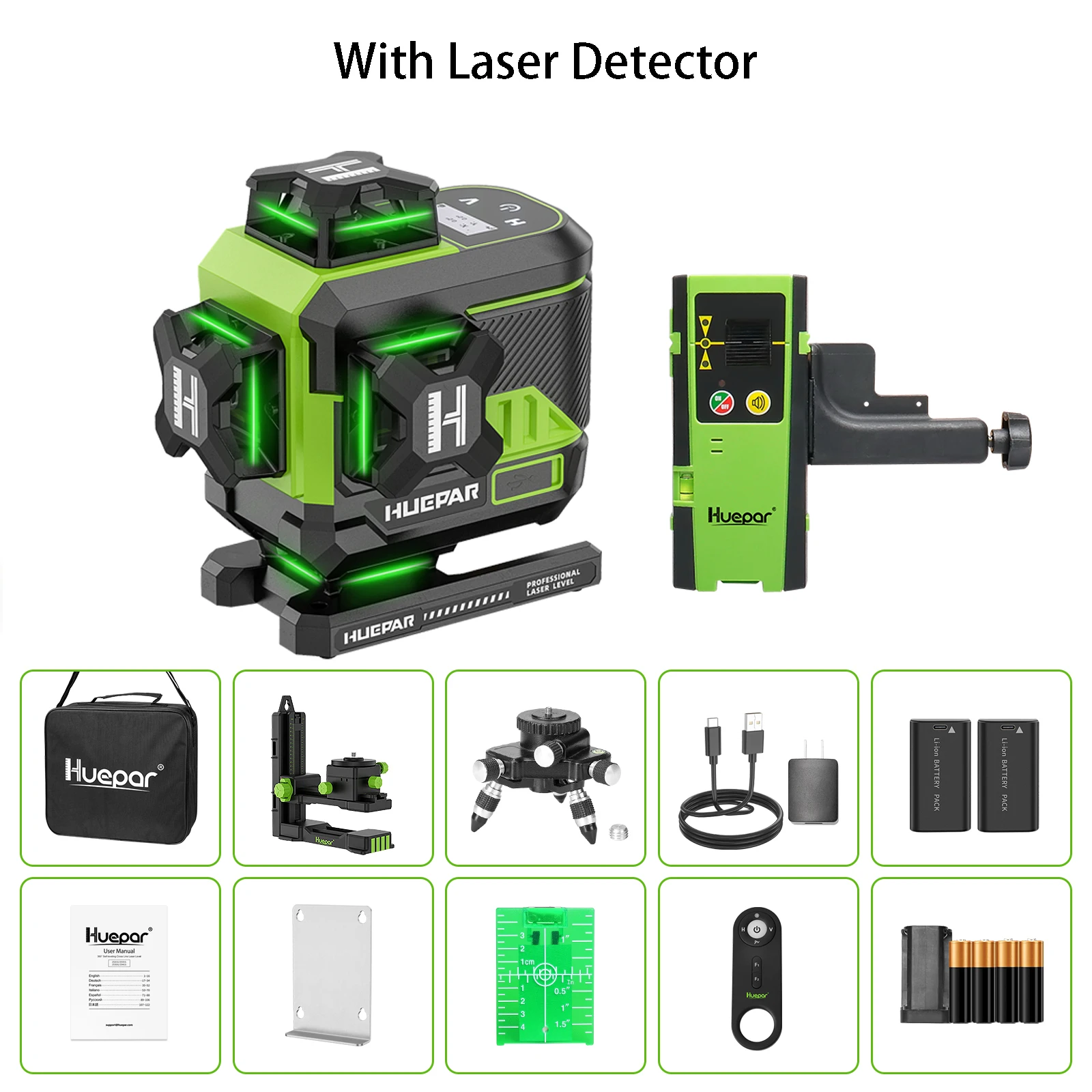 Huepar 4D 16 Lijnen Laser Niveau Z04CG Zelfnivellerende Kruislijnen Groene Laser Niveau Tool Set Met Afstandsbediening/statief/Detector & 2 Batterij