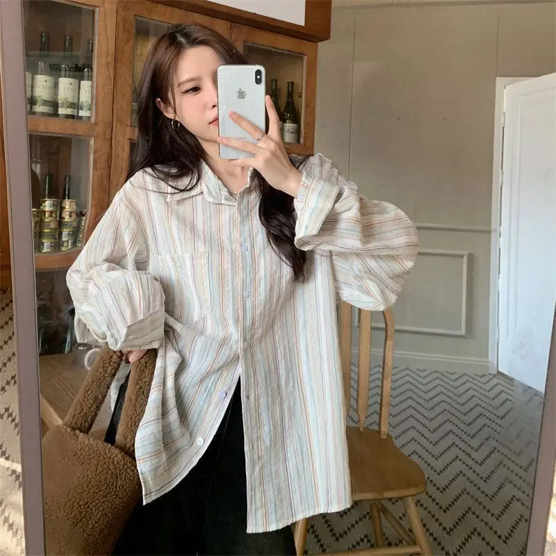 Vintage Striped Shirt Women Fashion Elegant Long Sleeve Turn Down Collar Loose Tops Korean Office Ladies Thin Chic Casual Blouse