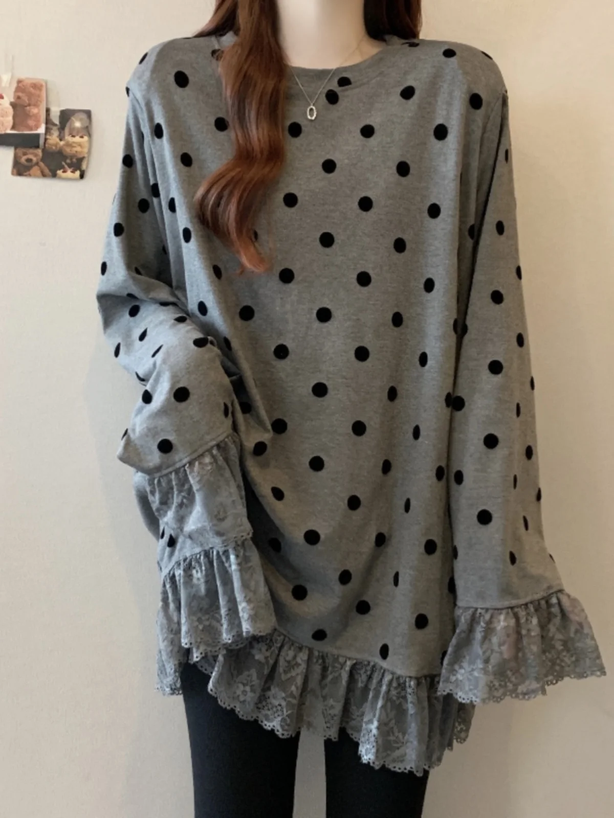 Polka Dot Long Sleeve T-Shirt Women's Spring Autumn plus Size Fat MM mid Length Butt Covering Lace Splice Top Korean Style Co...