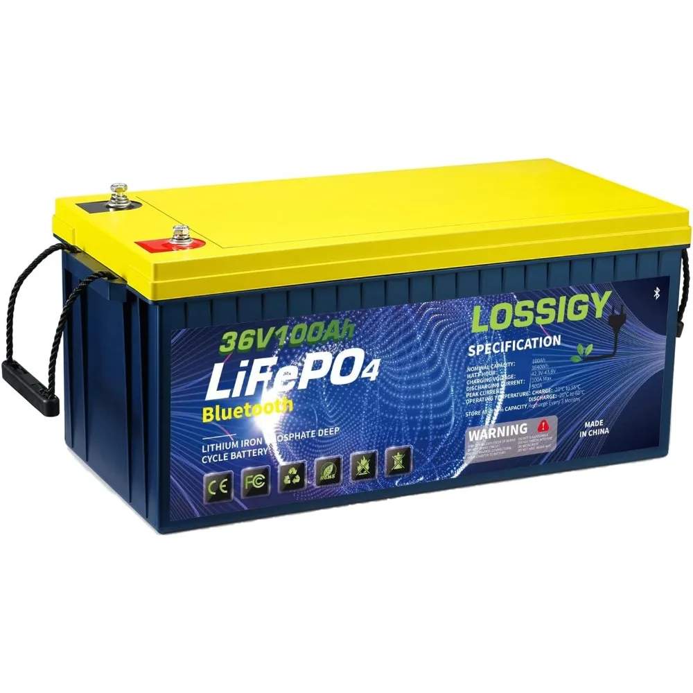 

Lithium Golf Cart Battery, 36 Volt 100Ah LiFePO4 Trolling Motor Battery, Built in Bluetooth Peak Current 500A, 10 Yrs Lifespan