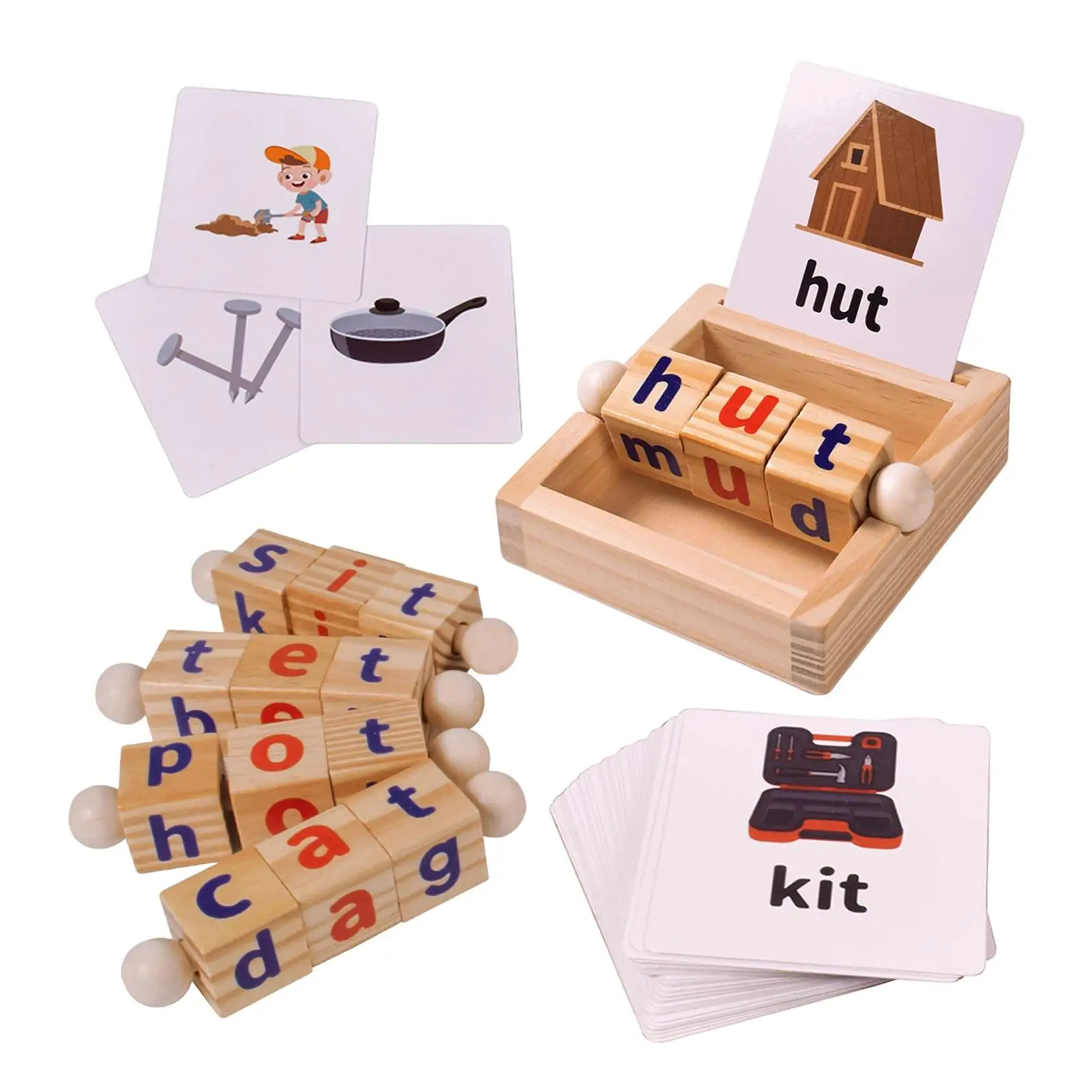 Houten Leesblokken Flash Cards Spelling Games Roterende Bijpassende Letters Speelgoed