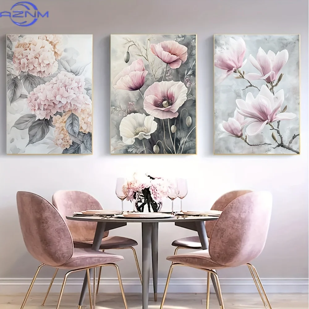 3pcs Floral Canvas Art Set, Frameless Pink and Gray Flower Posters, Landscape Theme, Art Deco Classic Modern Style, for Living R