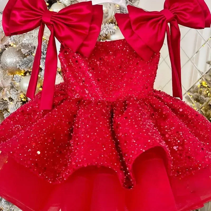 

Red Sequins Dress Flower Girl Kids Elegant Big Bow Frocks Children Baptism Outfit Boutique Birthday Party Tutu Vestidos Matching