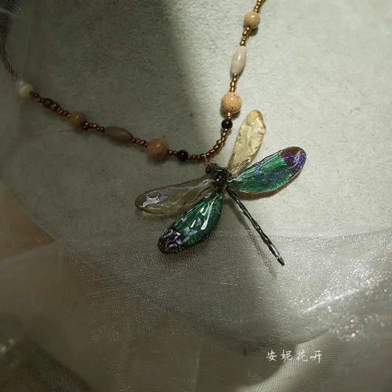 Original Design Niche Dragonfly Specimen Handmade Necklace Pendant Light Luxury Niche Clavicle Chain for Girls