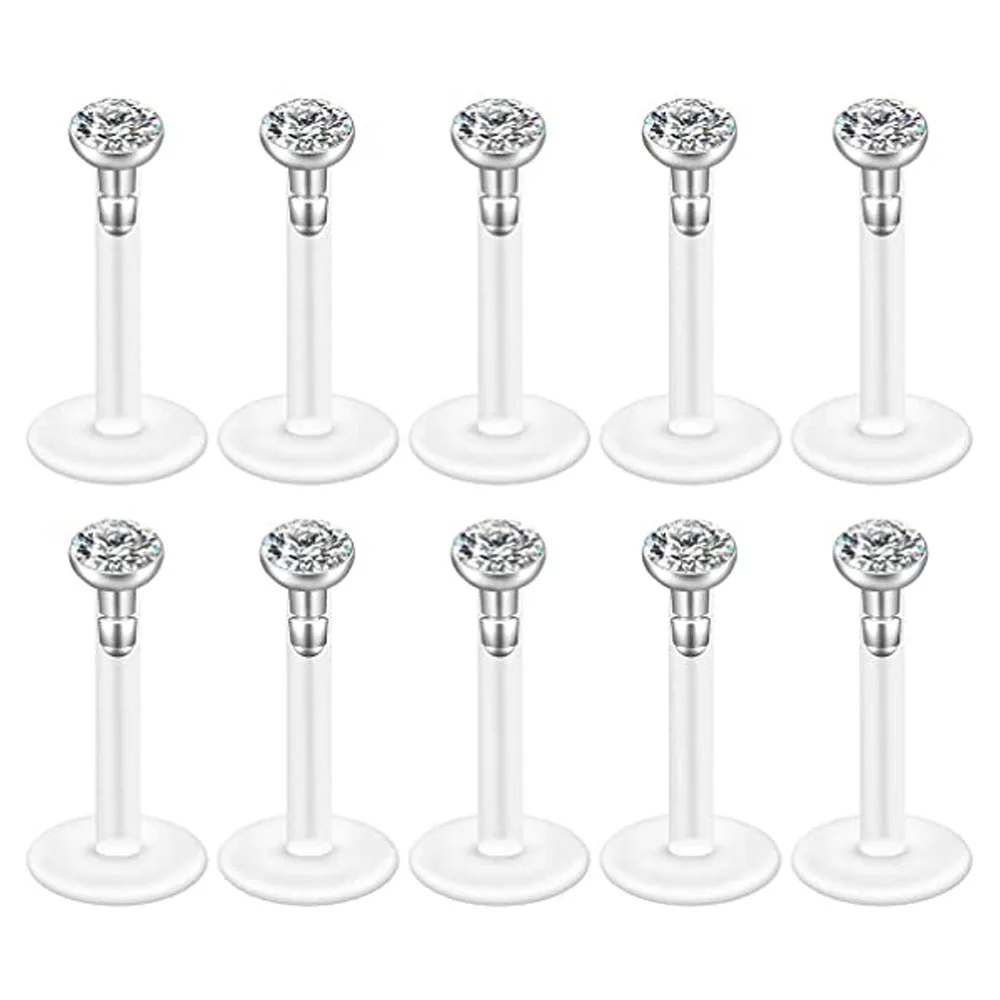 체코 크리스탈 클리어 유연한 바이오 플렉스 아크릴 바 스터드 립 링, 헬릭스 스터드 귀걸이, 귀 코 피어싱 바디 쥬얼리, 16G, 10 개