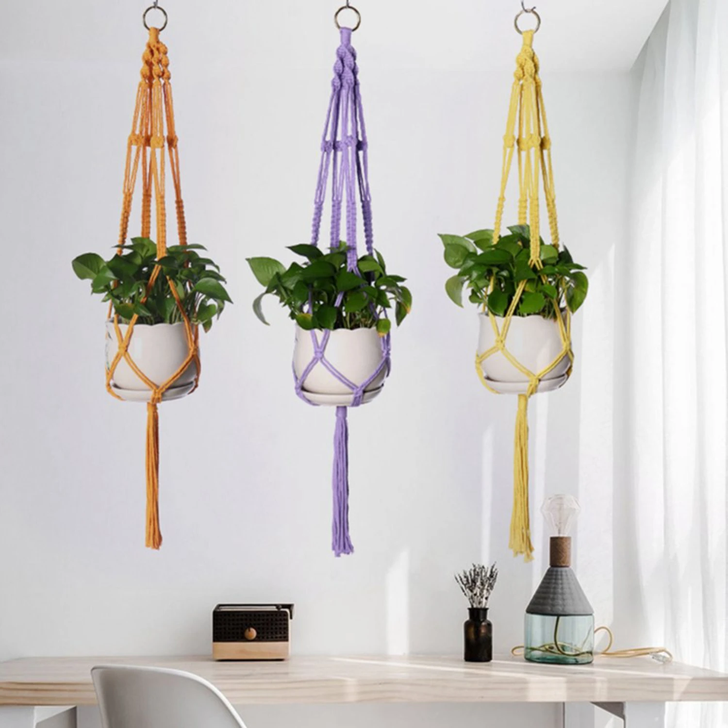 

Macrame Plant Hanger Indoor Hanging Planter Basket with Wood Beads Decorative Flower Pot Holder with Tassels for Indoor Outdoor