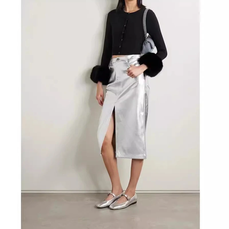 

Silver Genuine Leather Skirts Women Spring and Summer Fashion High Waist Metal Sense Sheepskin Slim Casual Wrap Hip Split Skirt