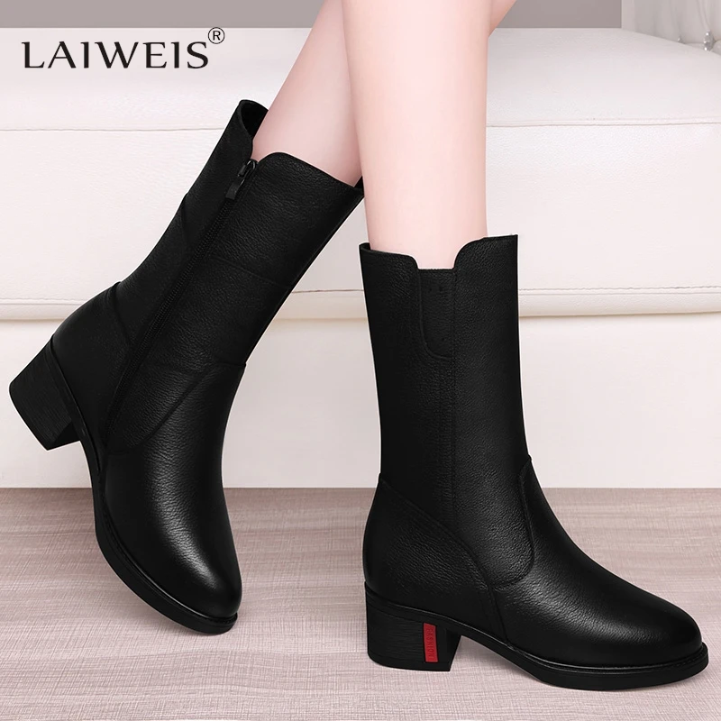

Footwear Half High Women Boots Middle Heel Shoes for Woman Black Mid Calf Fashion 2024 Designer Luxury Goth Genuine Leather Boot