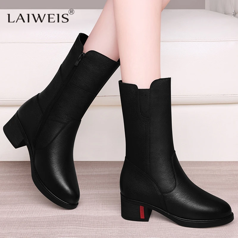 Footwear Half High Women Boots Middle Heel Shoes for Woman Black Mid Calf Fashion 2024 Designer Luxury Goth Genuine Leather Boot