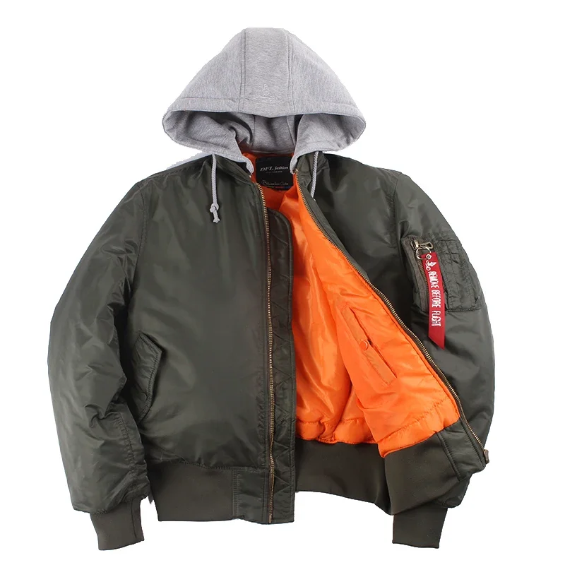 Winter Oversized MA-1 with Hooded Streetwear Hip Hop Army Military Coats Clothes Bomber Flight Air Force Pilot Jacket Men