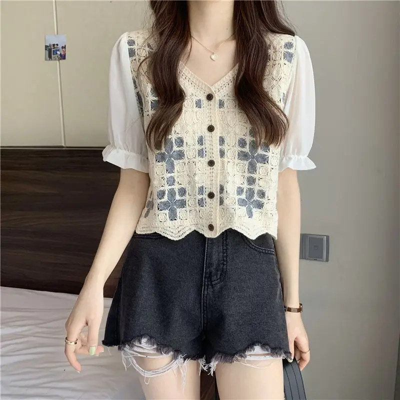 Women Crochet Knit Top with Chiffon Half Sleeve V-Neck Button Down Embroidery Floral Blouse Cardigan Spring Summer Fairycore