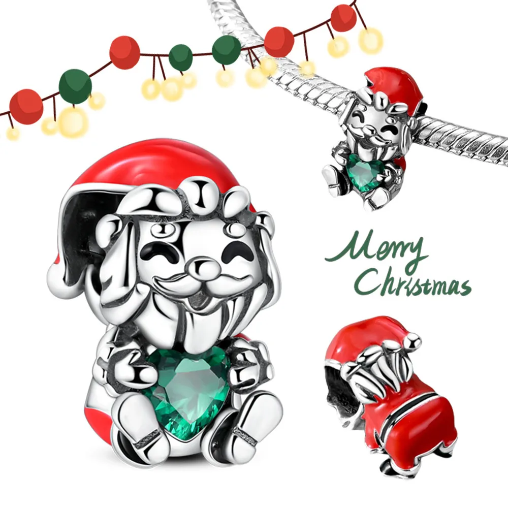 

925 Silver Christmas Santa Claus With Green CZ Heart Beads Fit Charm Bracelet Pendant Women DIY Fine Jewelry Christmas Gift