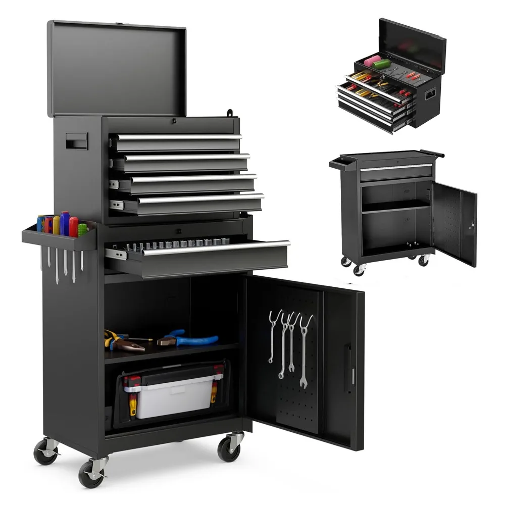 

Tool Chest, 5-Drawer Rolling Tool Storage Cabinet with Detachable Top, Liner, Universal Lockable Wheels, Metal Tool Cart