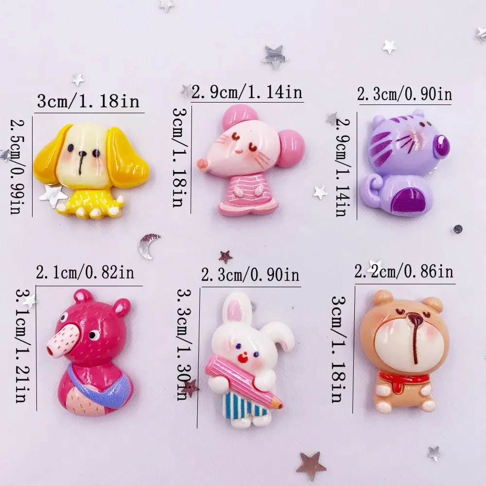 6PCS Resin Colorful Kawaii Rabbit Cats Mouse Dog Koala Bear Flat back Stone Figurines Scrapbook DIY Bow Decor Accessories Crafts