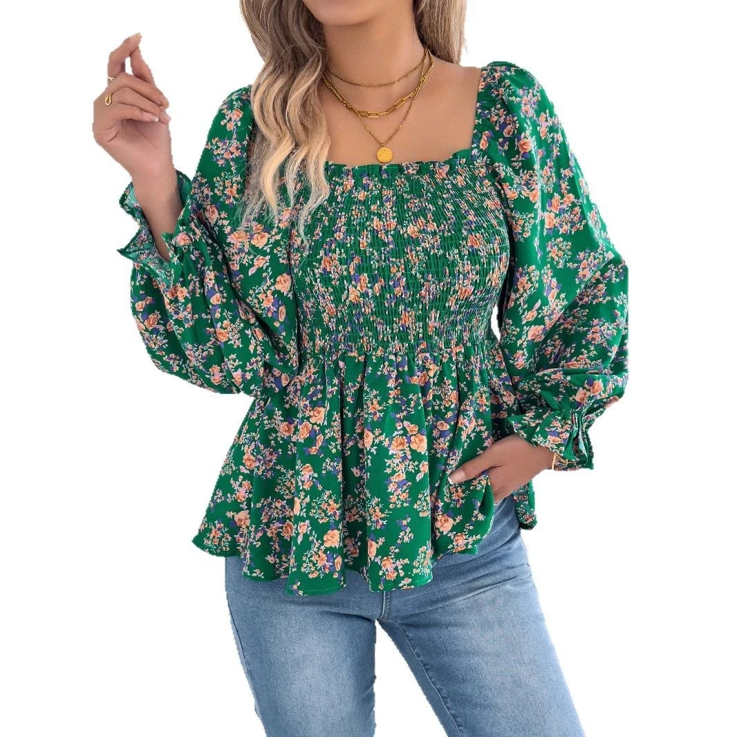 Women\'s Chiffon Long Sleeves Jumpsuit Lace Up Ruffle Floral Print Romper Female Playsuit Ladies Sexy Square Collar Jumpsuit