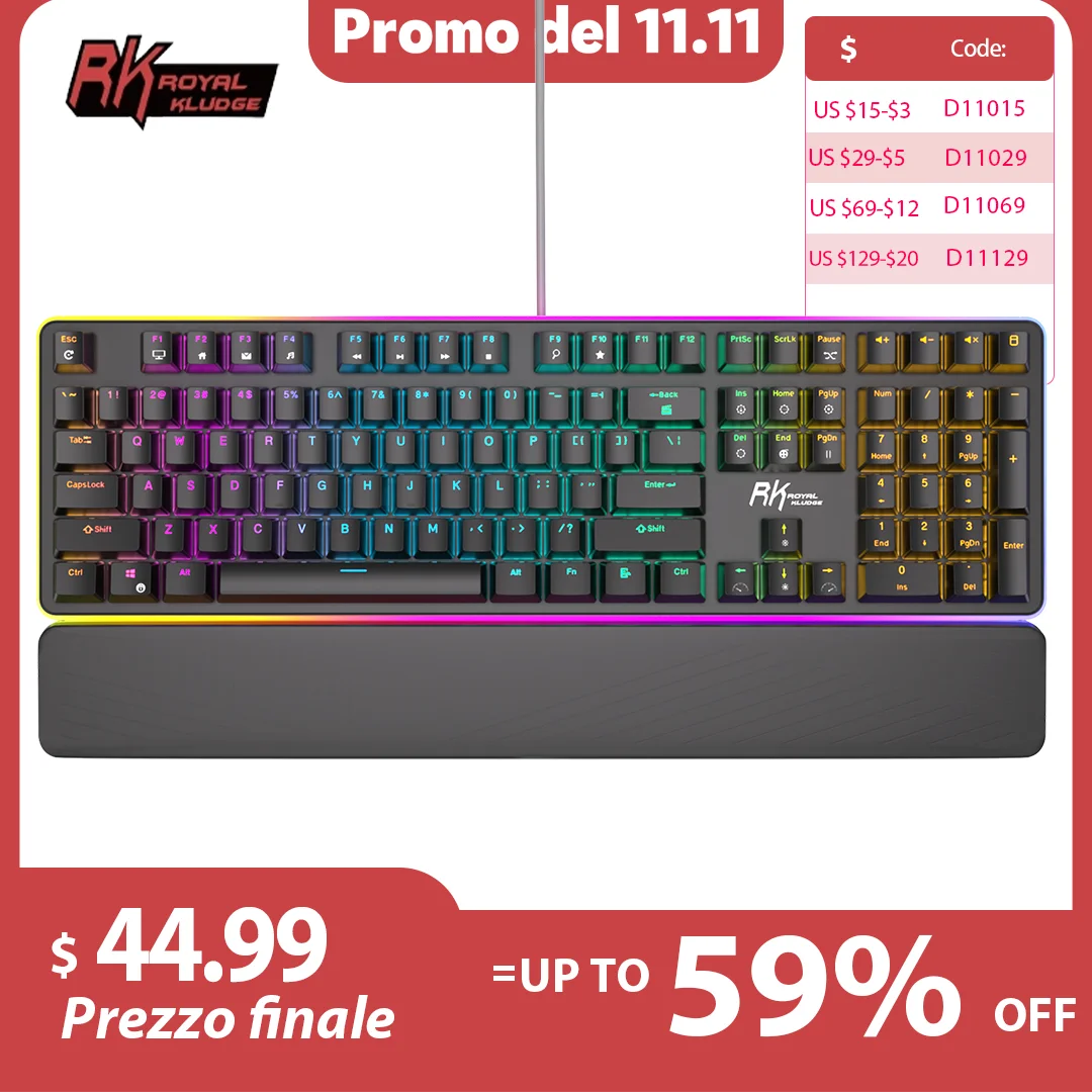 

RK ROYAL KLUDGE RK918 Бразильская португальская механическая клавиатура 108 клавиш RGB-подсветка Игровые клавиатуры с боковой лампой Подставка для рук