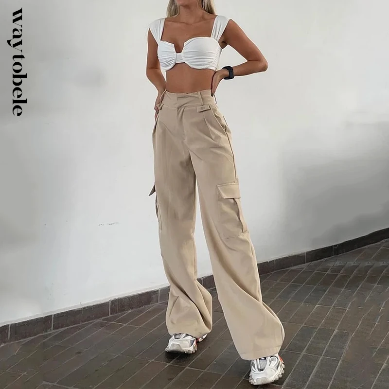 

Waytobele Women 2 Piece Set Summer Fashion Simple Sleeveless Irregular High Waist Backless Top Loose Wide Legs Cargo Pants Sets