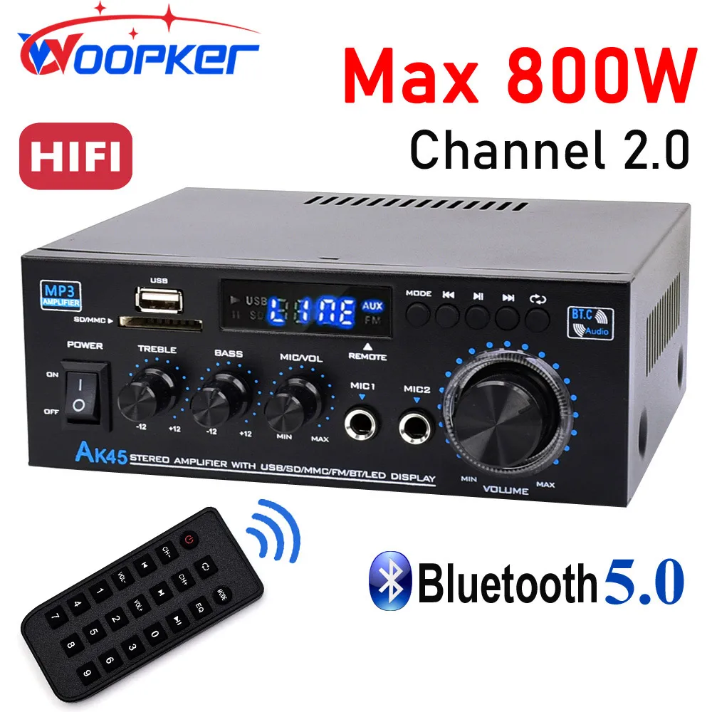 

Woopker HiFi Audio Amplifier AK45 Bluetooth Digital MP3 Amplifiers FM Bass Speaker for Home Car Supports 90-240V Input