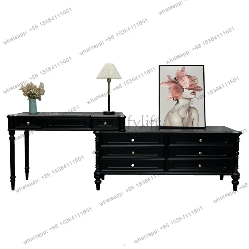 

American retro style black all solid wood makeup table storage cabinet American dresser integrated