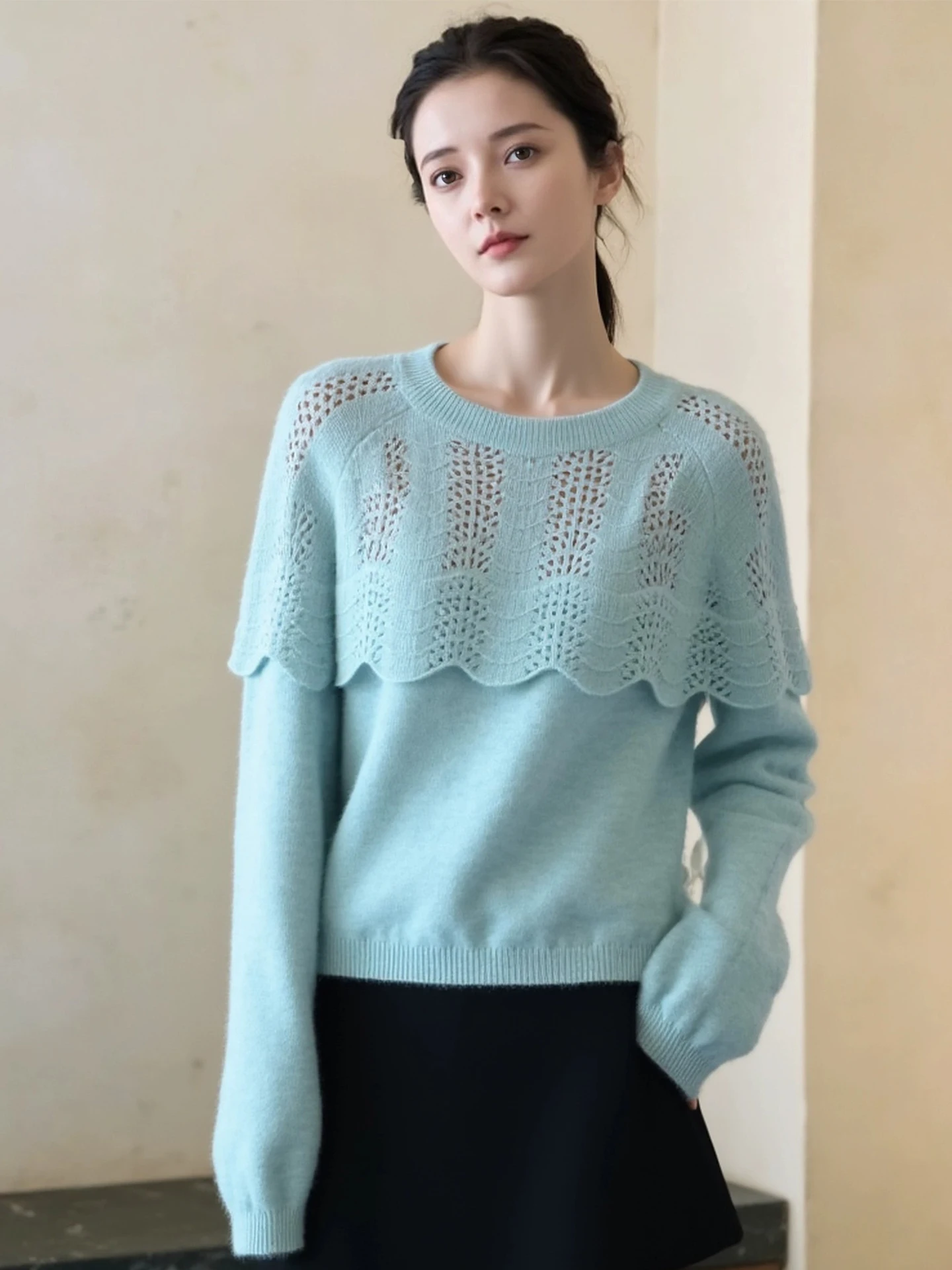 bleu-evider-long-sve-tricote-pull-femmes-faionable-haut-d'automne-design-sens-decontracte-polyvalent-equipage-ne-aerien