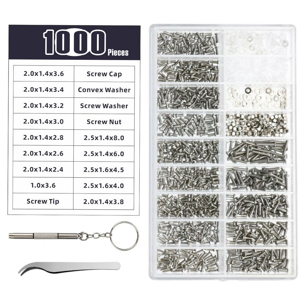 1000PCS Eyeglasses Screws Kit Sets Sun Glasses Watch Repair Tool Parts Kit Tiny Screws Nut Assortment Repair Tool Kit Set