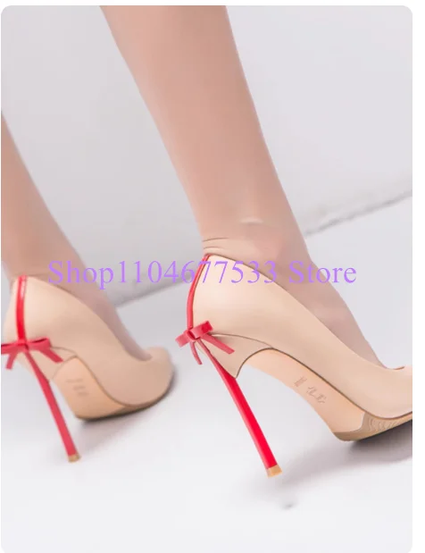 

Butterfly-knot Leather Blade Heels Lady Pumps Shoes Sexy Pointy Toe Back Bowtie Woman High Heels Shoes 6/8/10cm Heels Dress Shoe
