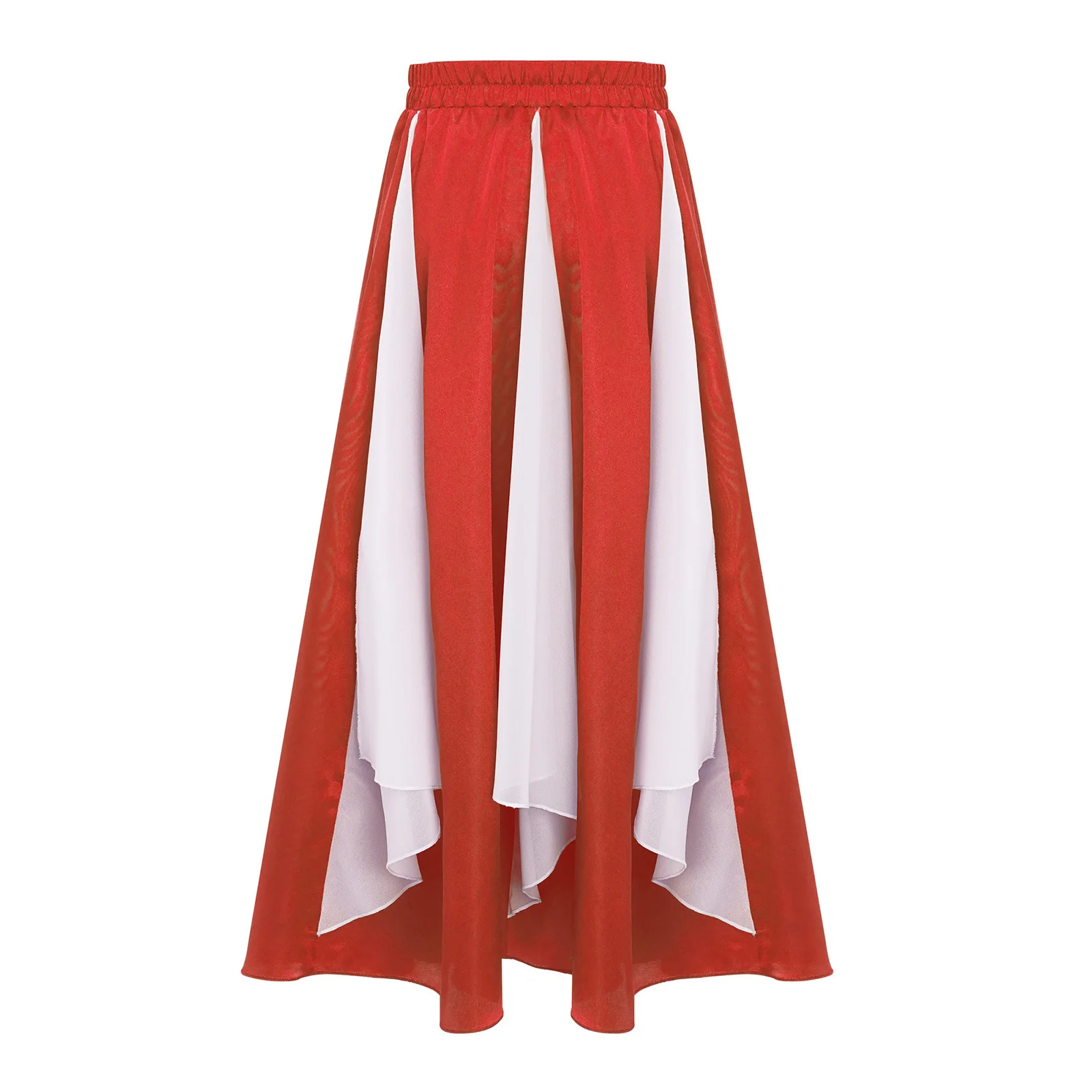 Kids Girls Spanish Flamenco Dance Skirts Worship Praise Performance Costume Color Block Wide Hemline Chiffon Panel Satin Skirt